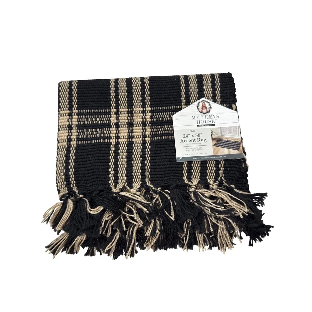 My Texas House Black‎ Plaid Indoor/Outdoor Layering Rug, 24x38, Halloween Decor